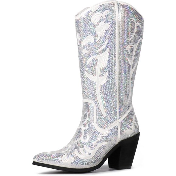 Women's White Sequin Mid Calf Tall Zipper Pointed Toe Embroidered Cowgirl Boots - Picture 1 of 6
